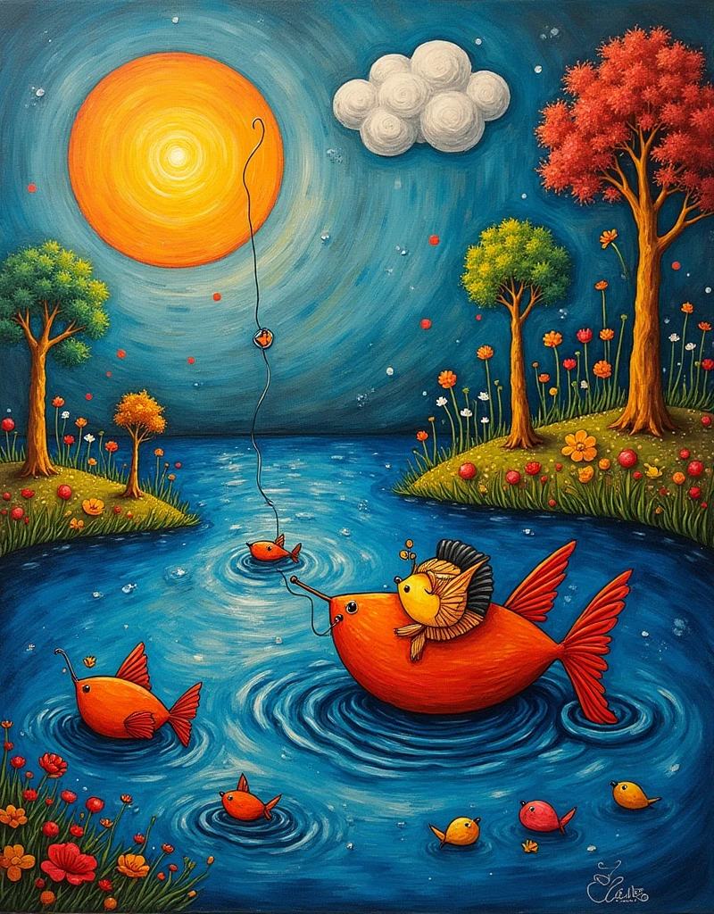 fishing ((Mordecai-Ardon / Marc Chagall  style!)), magical naive art, primitivism, protogen, ((Best quality, masterpiece)),
((((Highest detail), Impressionism:1,1, 8K