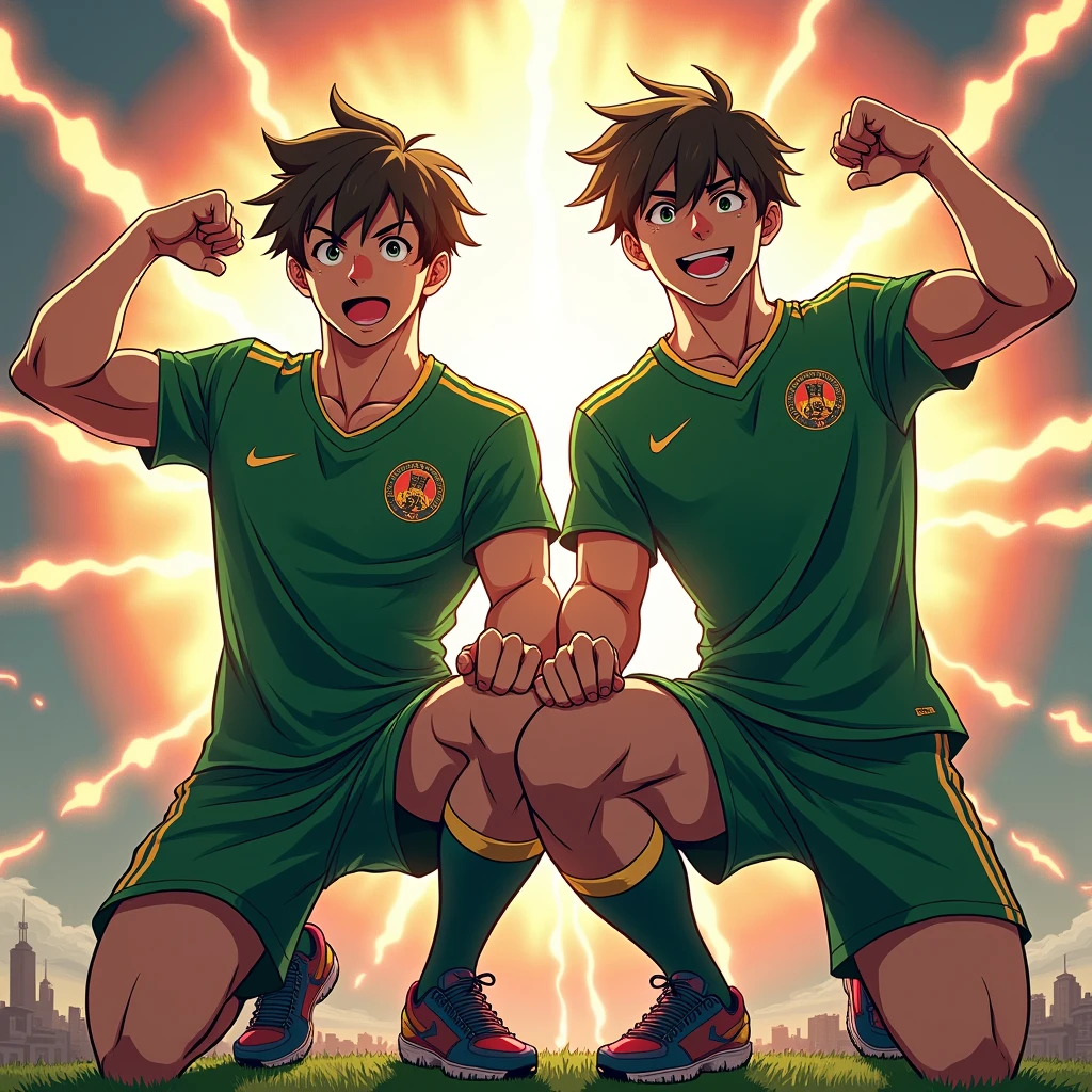 anime art: marvel art: two 18 year old SKINNY boys, wearing green soccer uniforms , SQUATTING DOWN, FLEXING BICEPS. The guys are sweaty and they have volluminous bulges, showing off armpits
