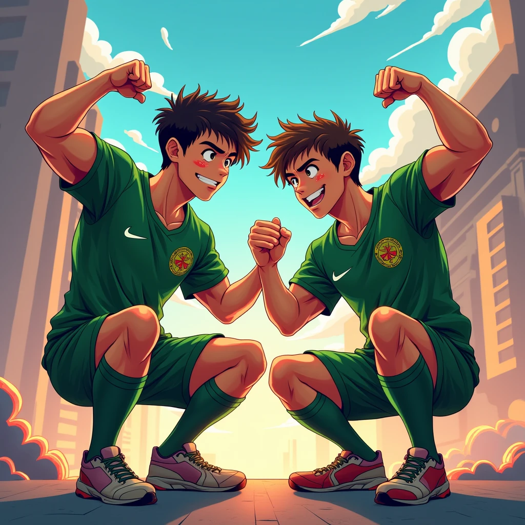 anime art: marvel art: two 18 year old SKINNY boys, wearing green soccer uniforms , SQUATTING DOWN, FLEXING BICEPS. The guys are sweaty and they have volluminous bulges, showing off armpits
