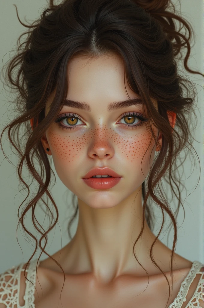 Create a pic of a girl
Tall, fair complexion, medium skin-tone, freckles, amber colored eyes, brown hair, wild, curly or wavy hair.