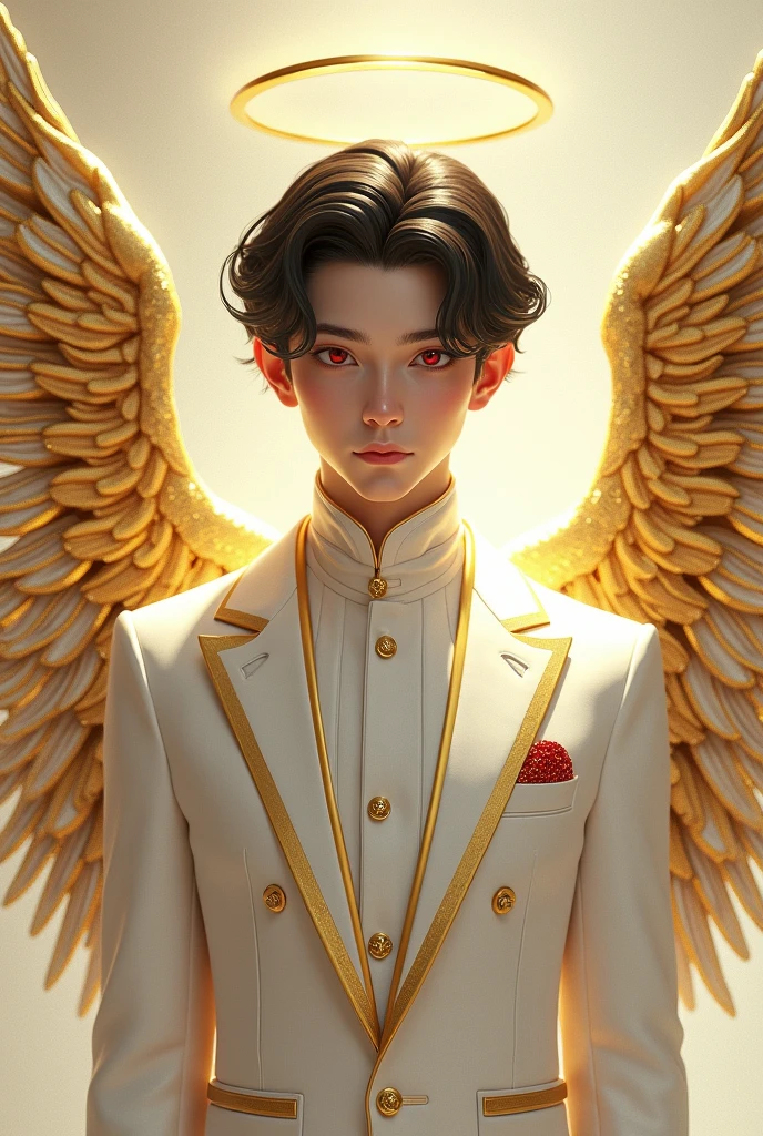 20 year old white skinned boy 
White skin 
0ale skin 
European Italian traits 
White skin, elegantly combed black hair
Bright red eyes
Wearing an elegant and expensive white suit with gold details, with an angel halo on the head
Sixteen pairs of golden angel wings 