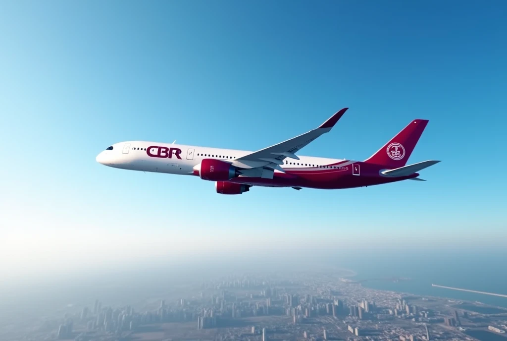 airbus a350-1000 in cor bege , maroon , com cauda maroon   , written CBR flying in the blue sky , with city below , the light of day , with super blue sky , ultra realistic quality and quality 7.680X4.320 pixels 8K
