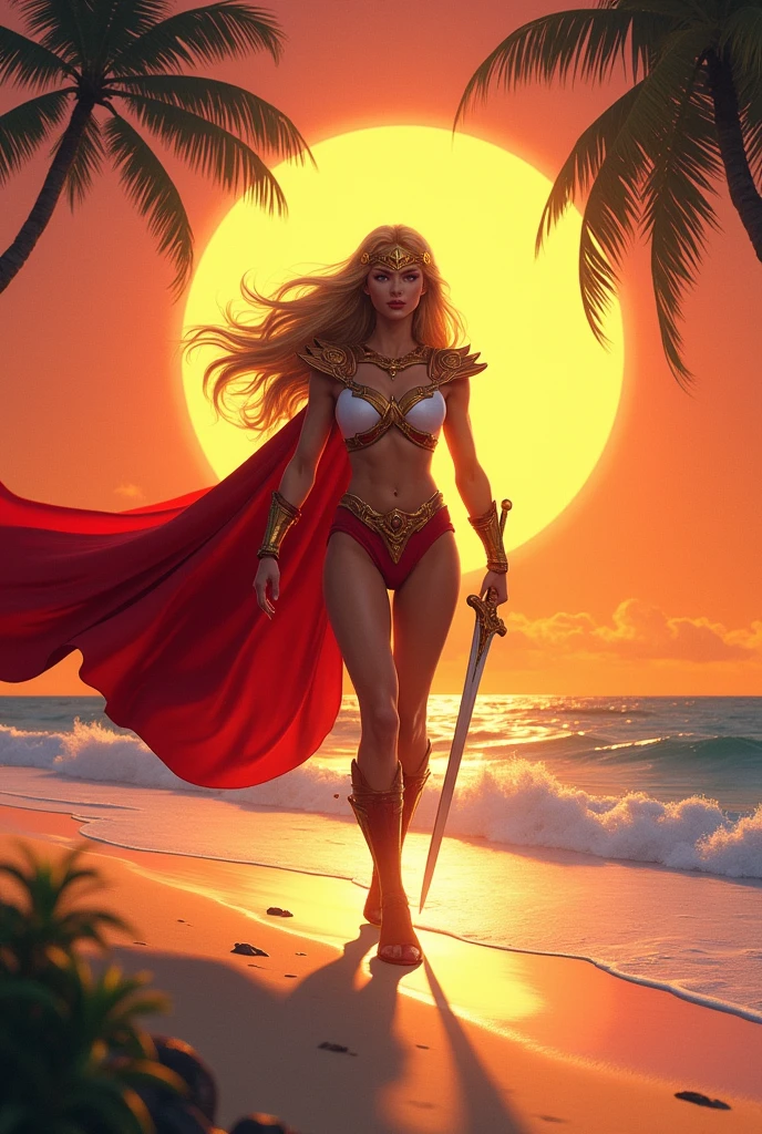 She-Ra from He-Man, walking confidently along the shore, her (majestic red cape fluttering in the wind:1.9) against the backdrop of a warm sunset (golden hour), with palm trees silhouetted behind her, (she holds a sword in her right hand, ready for battle:1.6) with a determined look on her face, under the watchful eye of a radiant moon shining brightly above. (subtle ocean waves gently lapping at her feet).