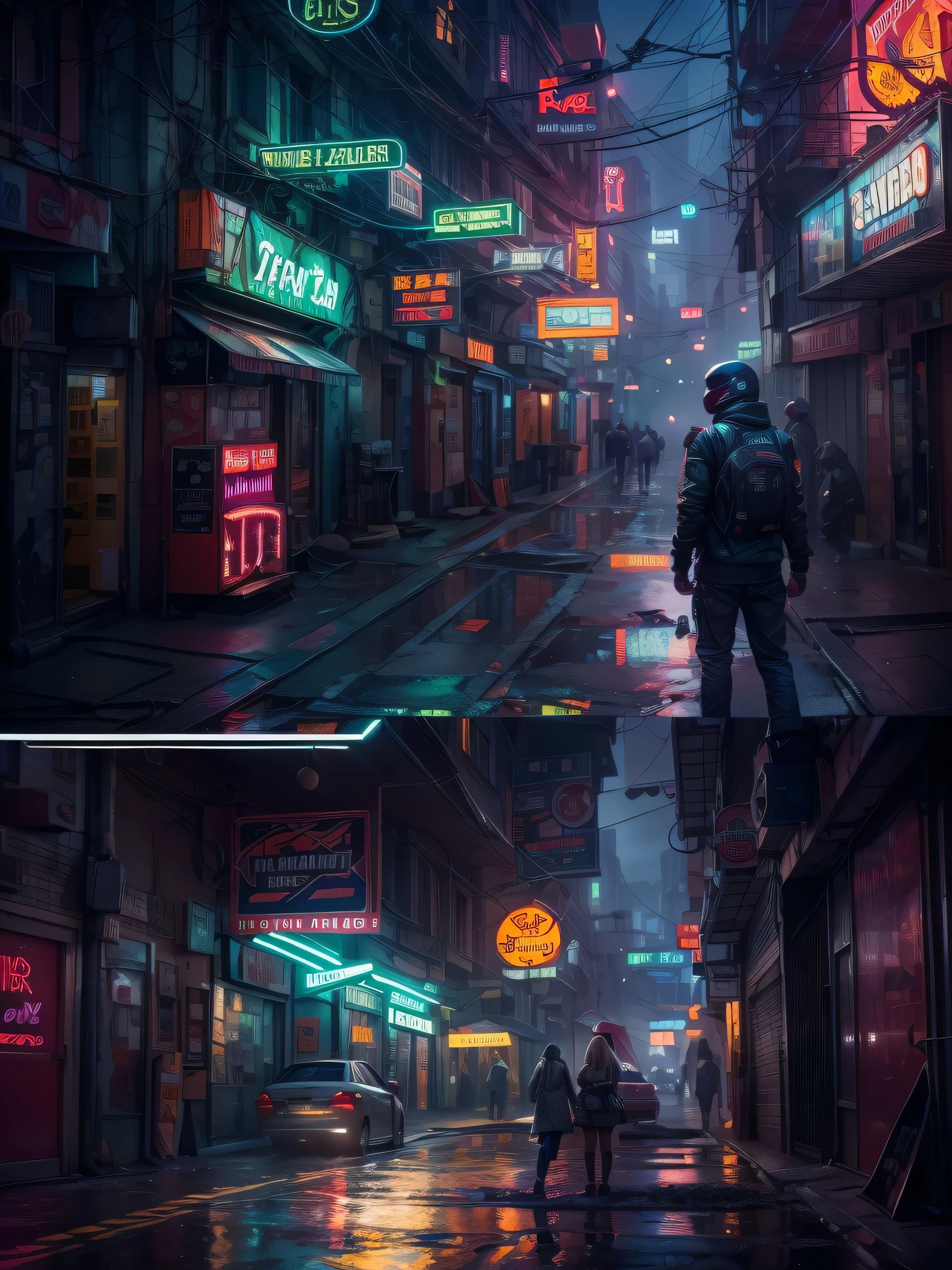 "Create a high-definition, ultra-detailed 3D rendering of a dystopian cyberpunk back alley set in the year 2527. The scene takes place at night during a mysterious, rainy atmosphere. In the foreground, prominently feature a motorcycle girl.(Looking away),(girl is far away), She should be positioned within a detailed, shadowy alley illuminated by vibrant neon signs. The neon lights should reflect off the wet pavement and cast dynamic shadows. The environment should emphasize a futuristic, gritty feel, with a strong sense of depth of field and a big-picture perspective. The scene should capture both the intricate details of the character and the dystopian surroundings."