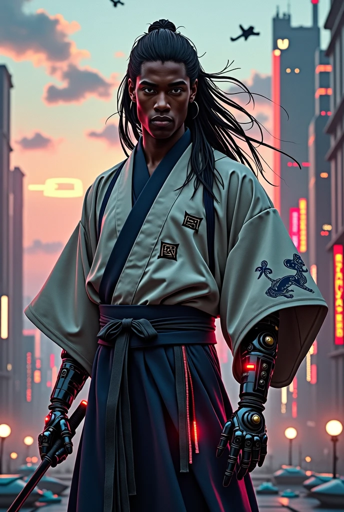 young black man, with long hair, wearing a kimono and a katana with a robotic arm, in a futuristic environment 