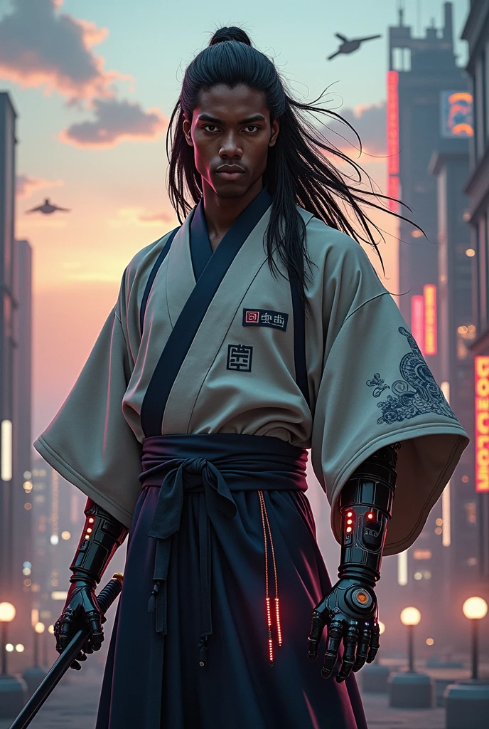 young black man, with long hair, wearing a kimono and a katana with a robotic arm, in a futuristic environment