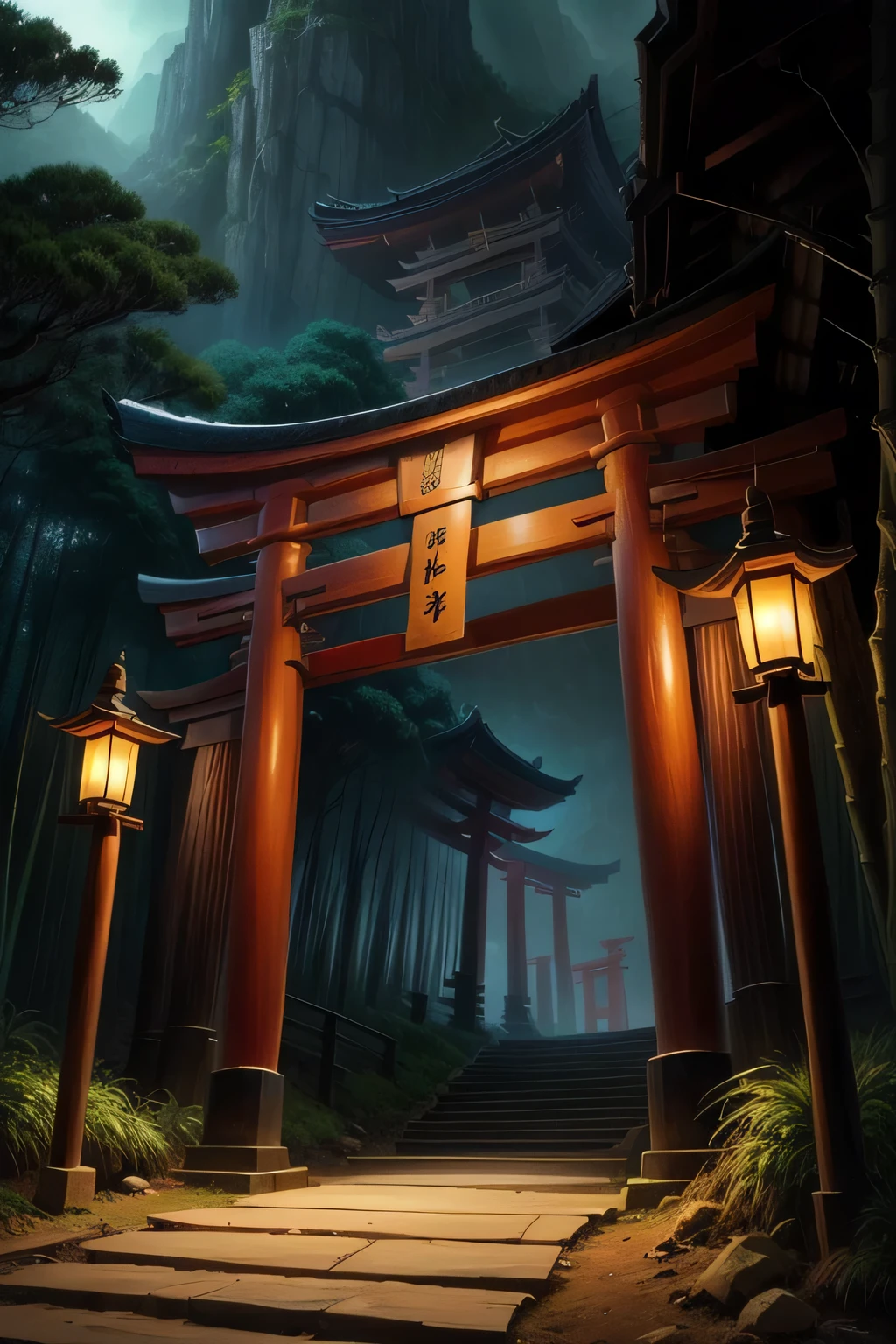 Torii Gate, Temple, Bamboo forest, Fantasy, Cinematic Environment, Cinematic Lighting, Path leading to the temple, lamps at the side, temple at the top of the mountain, torii gate as entrance, fantasy environment, torii gate as the foreground, temple as the background
