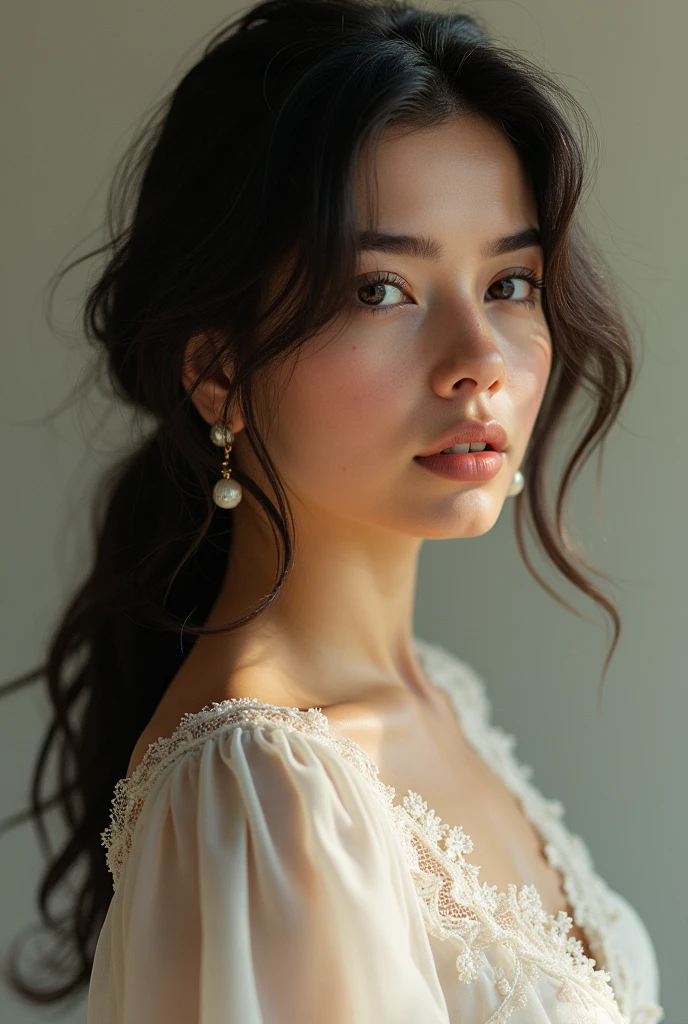 White Brazilian woman with delicate and discreet clothing 18k