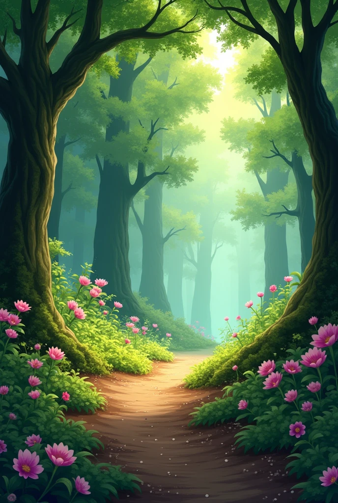 Fairytale like forest with green trees and pink flowers and brown mud.