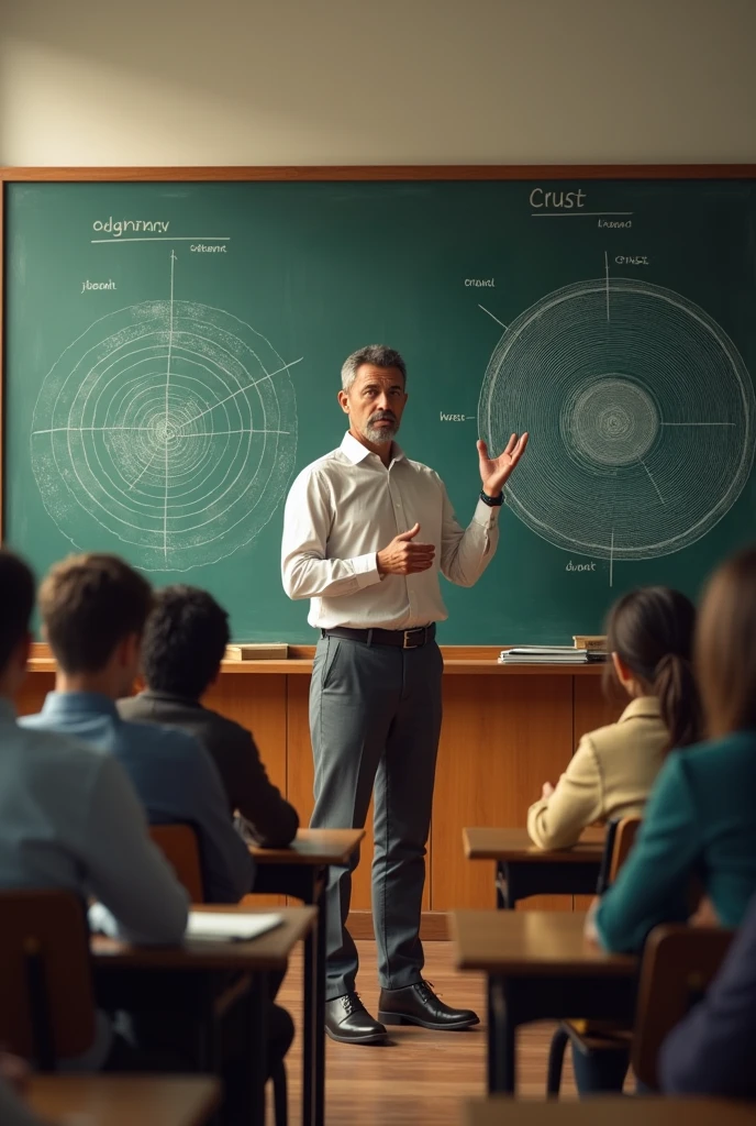 Viñeta 9:
The male teacher makes a summary at the end of the class.
And on the board there is a drawing of the layers of the earth Professor: "Today we have learned how science allows us to know the invisible. Although we cannot see the layers of the Earth directly, We have explored them through models and experiments."
