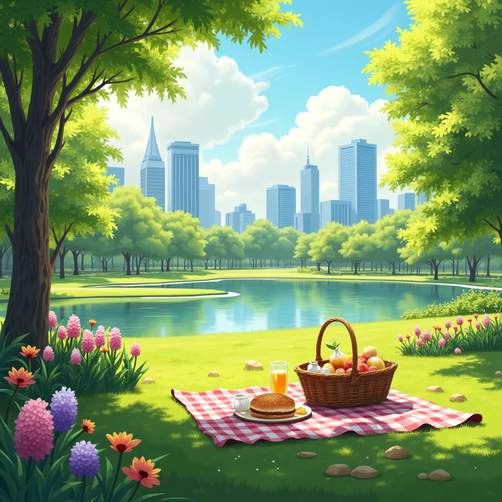 Perfect spring day with, parks and gardens, picnic without basket, Parks and lakes, sunny atmosphere, with a park in the background, in a city park, central Park, without people, promotional shot, Spring season, high resolution image, realistic image 