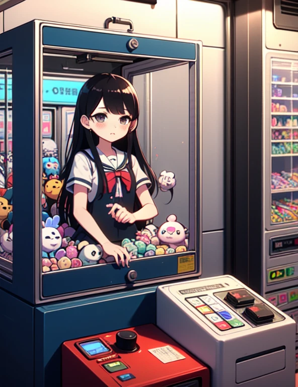 (((masterpiece))), (((Highest quality))), ((Claw Machine)), Place your hand on the bottom panel, Operate the long joystick、Press the button, Use the clamp to lift the toy, One person, Komi Shoko, shy, blush, school uniform, Claw Machine, Rear View,