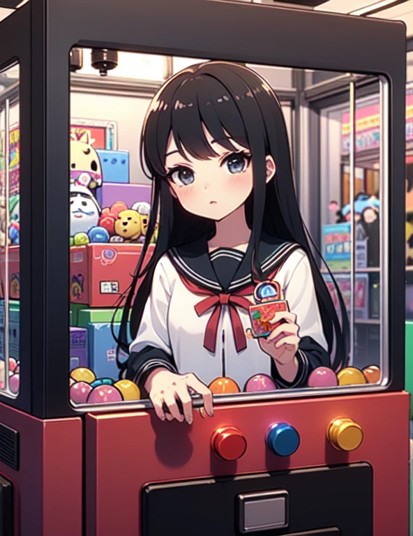 (((masterpiece))), (((Highest quality))), ((Claw Machine)), Place your hand on the bottom panel, Operate the long joystick、Press the button, Use the clamp to lift the toy, One person, Komi Shoko, shy, blush, school uniform, Claw Machine, Rear View,