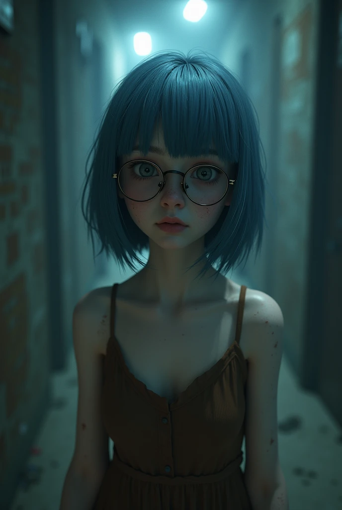 3D horror game pale girl short hair with bangs to the right with round glasses and brown dress with straps