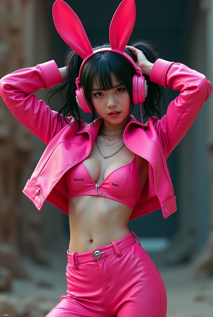 (foto cruDa, mejor caliDaD, masterpiece:1.2), (realist, photo-realist:1.4),(masterpiece:1.4),(mejor caliDaD:1.4),1 girl, Alone, :D, headphones, arms up, hits, blush, Bright pink suit, old, pose De conejito, escritura De ropa, Covered navel, tiro De vaquero, croppeD jacket, gloves, exterior,tomorrow,ingestas De cabello, headphones, impossible monkey, impossible clothes, jacket, large old, latex, latex boDysuit, by the wide, long sleeves, miranDo al espectaDor, large old, open mouth, mono pink, Ojos rosaDos, Red eyes, reD jacket, bright clothes, encogimiento De hombros \(CLOTHES\), cerraDuras laterales, piel apretaDa, smile, brecha Del muslo, thighs, Dos colas, very by the wide, white gloves, by white,Alicia \(Assent\),(shiny skin),realist, beautiful hands:1.3, inclinánDose hacia la cámara, fonDo oscuro Del Desierto inDustrial, bokeh, realist photo:1.2, photorealist renDer:1.2, photorealistic:1.2
