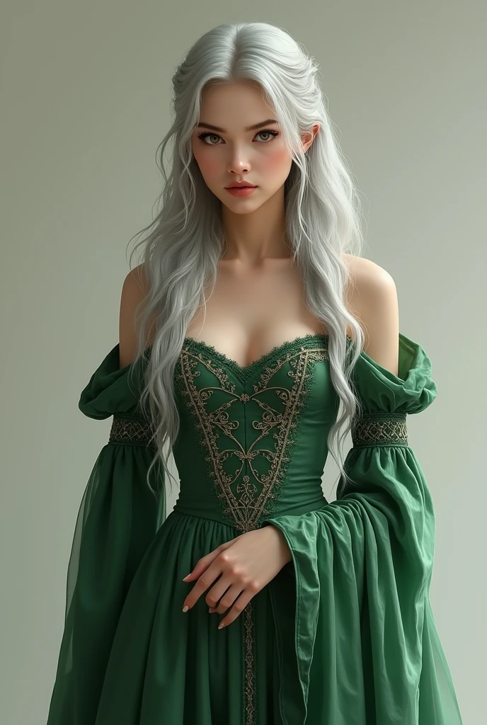Make a realistic young woman with silver hair, in a green medieval dress with a serious look.