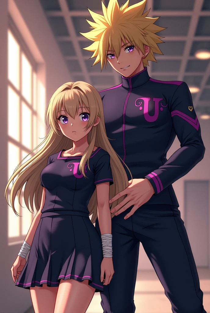 Make a 5’7 high school girl with a huge chest, long dirty blonde hair with lavender highlights, purple eyes, thick thighs, black arm sleeves on both her arms, and her right wrist should have bandages with little blood spots, and in a UA High School uniform, 6’0 Katsuki Bakugou holding her hand.