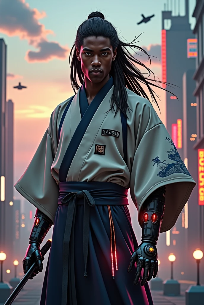 young black man, with long hair, wearing a kimono and a katana with a robotic arm, in a futuristic environment 