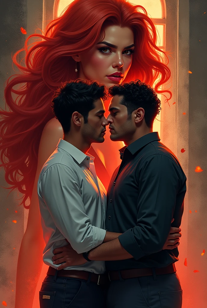 Make a book cover with the title: "Eating the bread that She kneaded, a story of love and jealousy between JBY".
The cover has to have two men exchanging affection, One of the men looks like Madruga from the Chaves gang, and the other is a tall black man with short, very curly hair defined, behind the two men there is a fat woman, with red hair, a very angry face and fiery eyes.