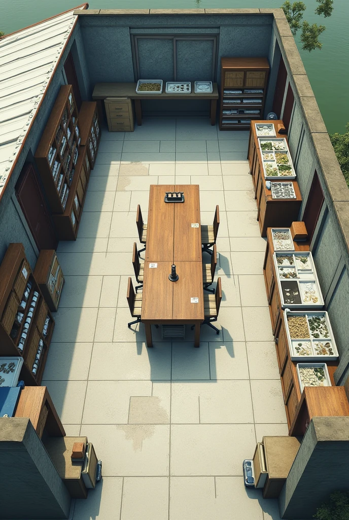 a cemented area partially covered by a roof, without walls on the sides, with a central table and several shelves and boxes on the sides. In the roofless area, a long table on which trays full of biological samples are arranged.