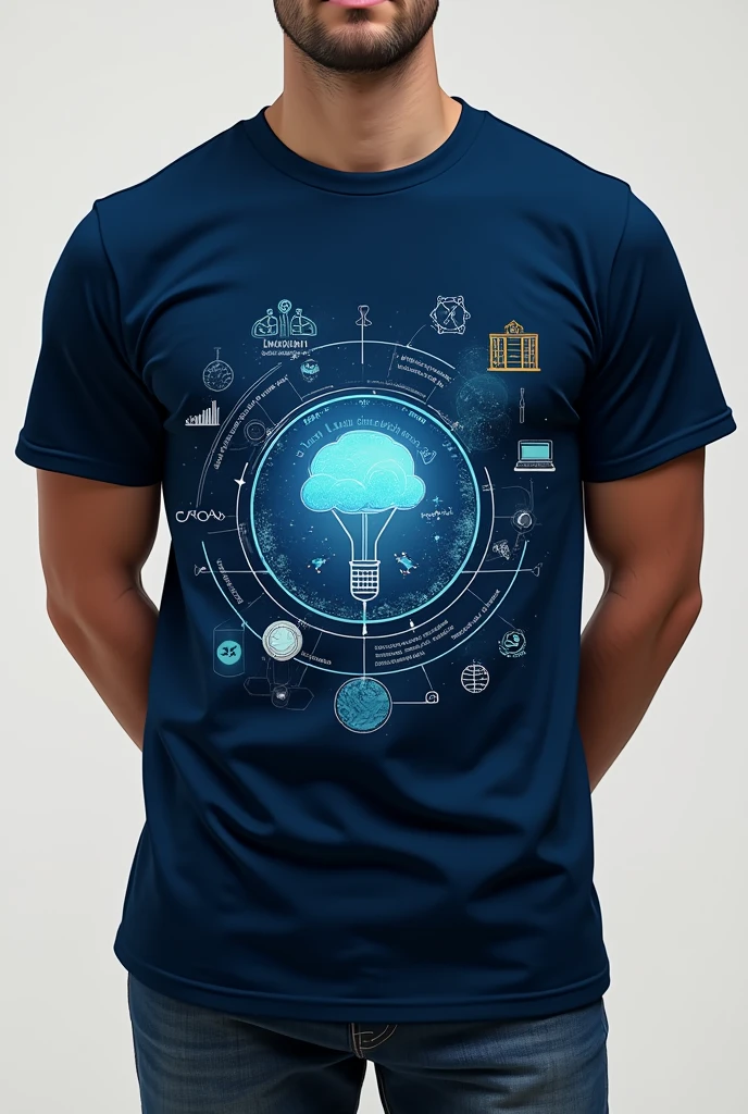 A dark blue shirt with the theme of pedagogy, education and technology and more details about the theme 