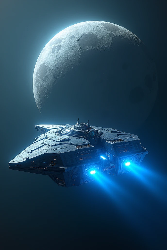 A space ship near the full moon having blue lights but moon looking very big than ship