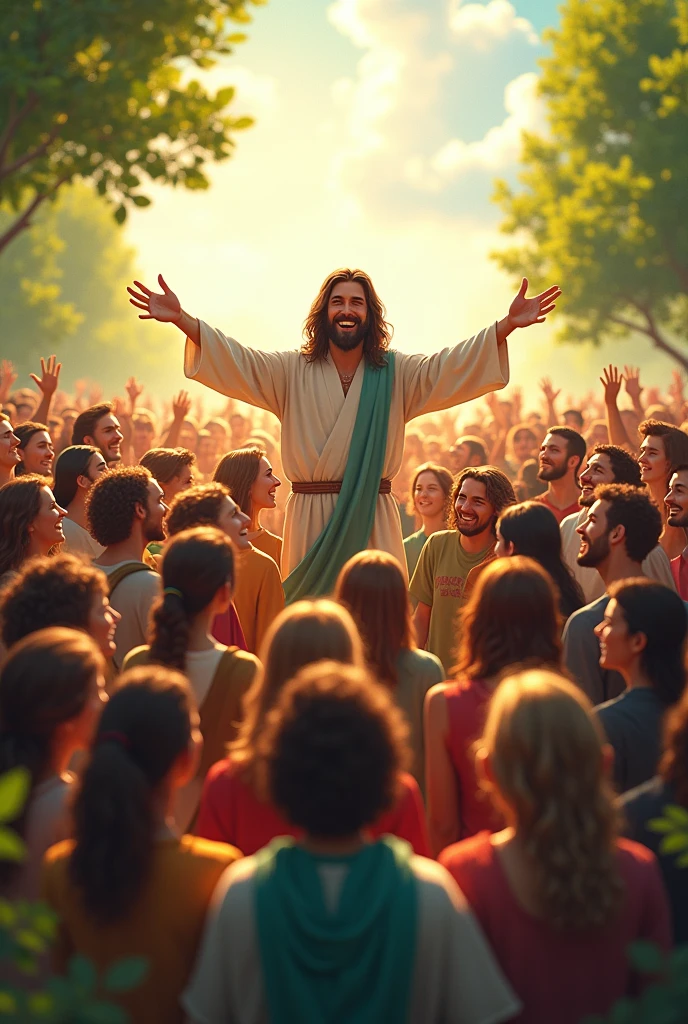 A vibrant scene showing a crowd of people of different ages and ethnicities, all with smiles on their faces, walking towards Jesus. Jesus is in front, Dress in a simple tunic, with open arms in greeting.