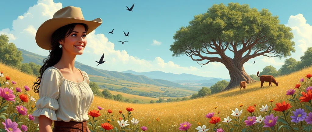 Un jolie paysage avec des jolies fleurs , un jolie arbre avec des oiseaux , des jolies animaux et une jolie femme style americain du colorado