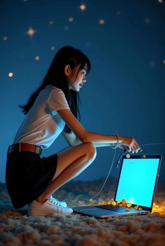 Korean-thai teenage girl group female singer, Thai university uniform, black tight slit mini skirt, starry sky, bright stars, slim and perfect figure, medium breasts, emphasize on breasts and hip and bottoms and thigh, rule of thirds, white tight between cap-sleeve and short-sleeve button up shirt for woman, white sneakers, brown suede belt, silver modern canvas belt buckle, silver shirt buttons, black long straight messy hair, beautiful face, dynamic compositions, squating far away from laptop:1.5, slender, the laptop is opened 180 degree and put on the floor:1.4, in the dark working room, blue water in the laptop screen:1.4, blue light tone, orange highlight, put on the thief mask:1.5, bad guy smiling face expression:1.5, using the fishing rod to get gold coins from laptop screen:1.5, a lot of gold coin come out from laptop screen, hyper-realistic, pulling fishing pole:1.5, fishing rod:1.5