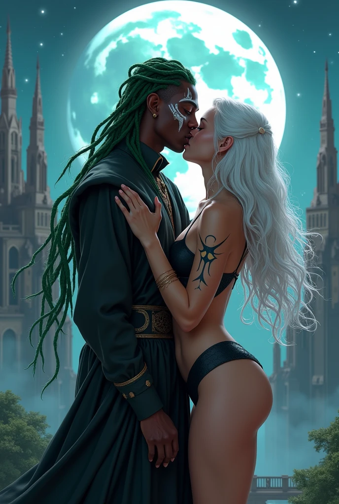 A moon centered over a kingdom with two men kissing in the background, one man is black with vitiligo marks on his face and has braided green hair and the other man has white hair with a black outfit that shows his hips and is sleeveless and has a star design on his hip 