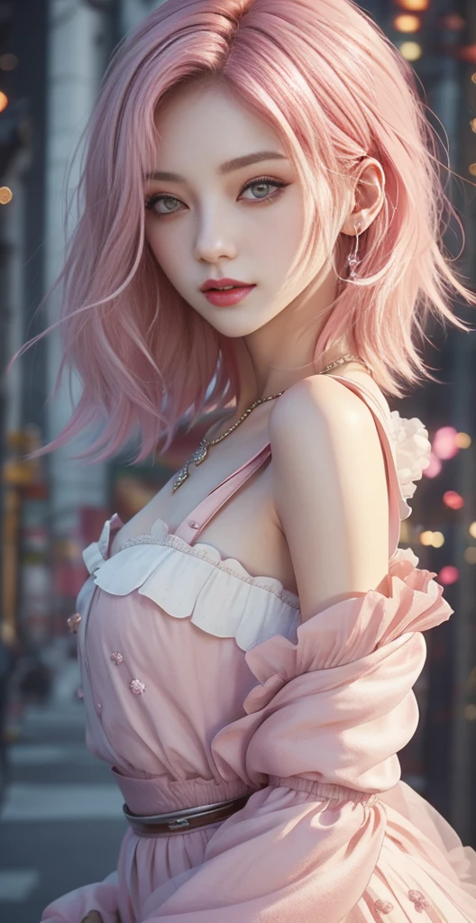 8k,Confused, High resolution, Very detailed, 1 girl, alone, Very beautiful eyes, Ultra-precise depiction, Artistic、Very detailed depiction, (Tangled:1.2), , (White high key background:1.5), (((Pink off-shoulder dress 1.5))), 、 short hair、Earrings and Necklaces、Platinum Blonde Hair, (Glowing Skin), Many colors, , (Shooting from above:1.2),、Flat Body、slim、cute、、Round face、Cast a Shadow、、Smile 1.3