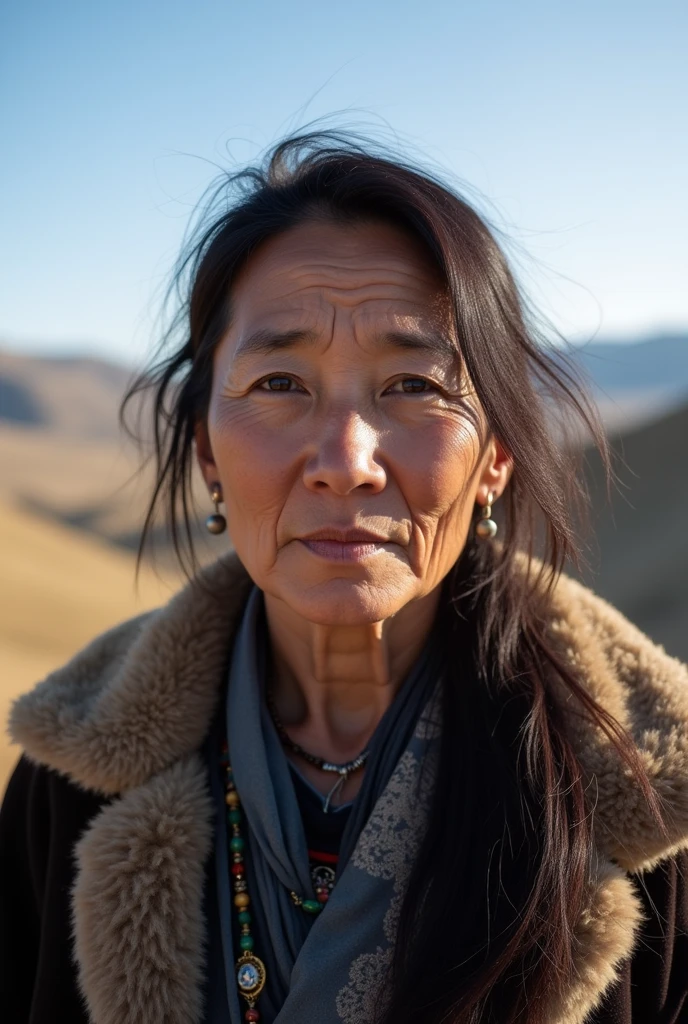 Tibetan woman 58 years old sexy voluptuous naked in the middle of surreal mountains