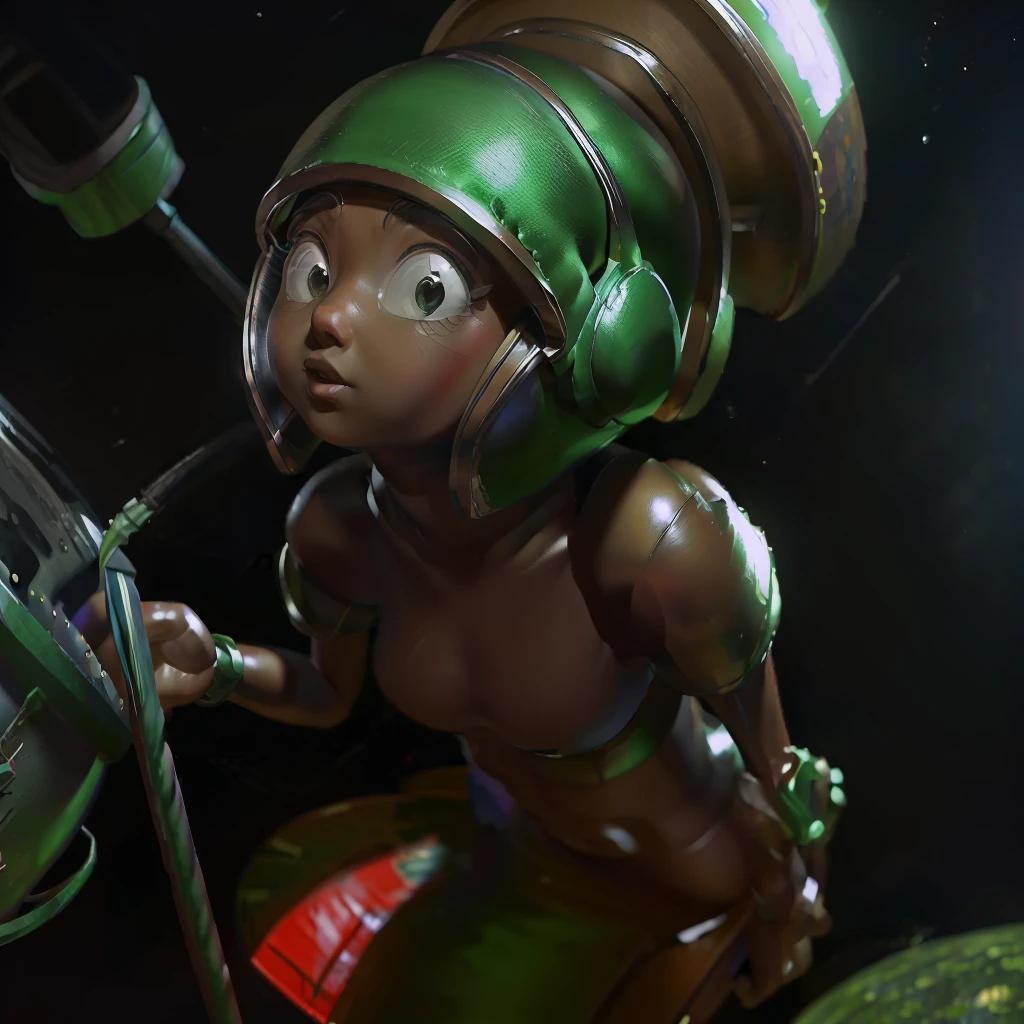 (Marvin the Martian) a cute woman, extremely detailed, extremely small martian invader outfit, fishing at an alien lush pond, holding a bucket full of slimy tentacles for bait, extremely detailed eyes, beautiful detailed lips, longeyelashes, beautiful detailed face, 1girl, digital art, concept art, oil painting, 8k, high quality, masterpiece, photorealistic, ultra-detailed, physically-based rendering, vivid colors, studio lighting, sci-fi, alien landscape, fantasy (camera angle is low looking up at butt, focus on butt)
