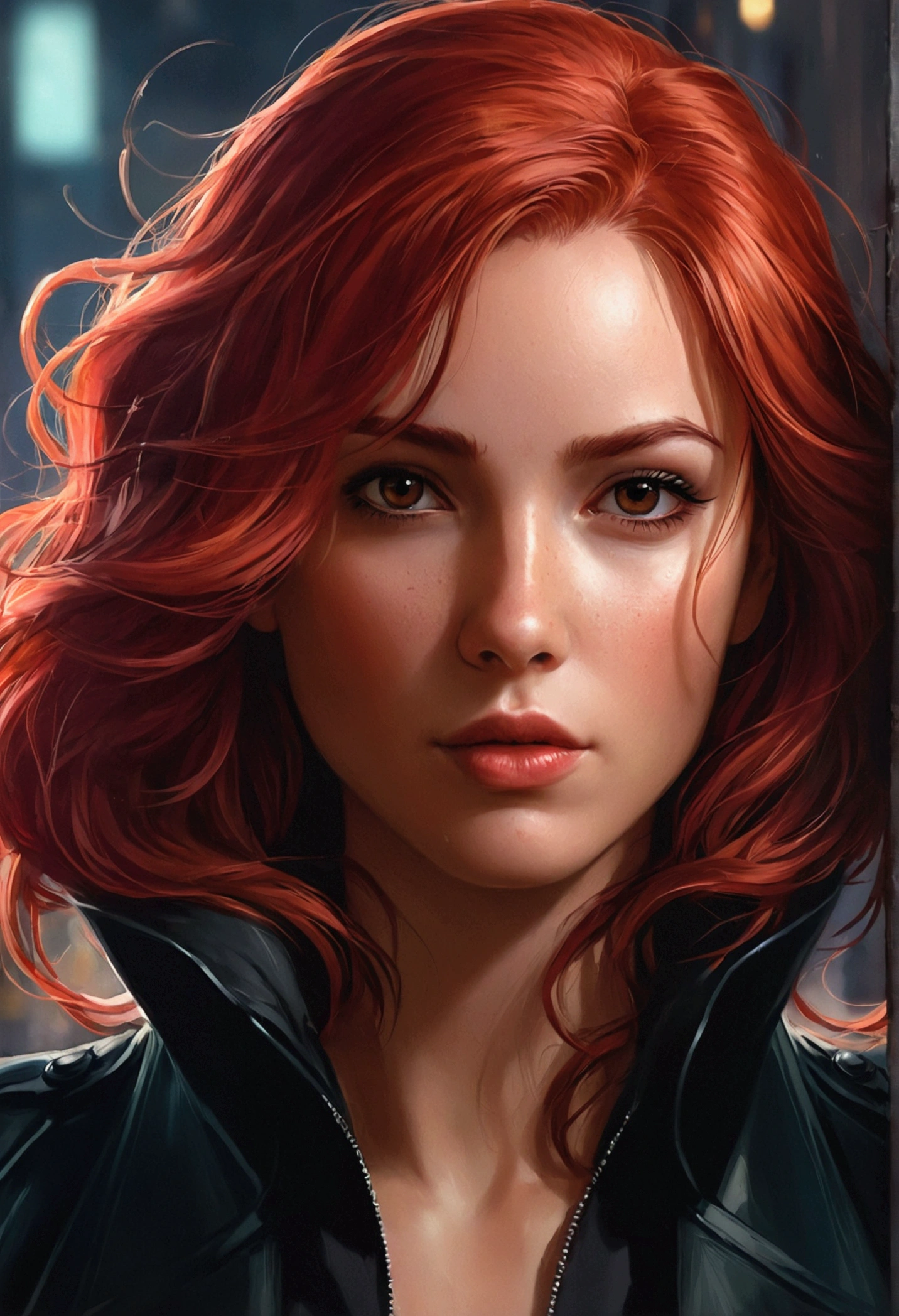 close-up of a woman with red hair and a black jacket, charlie bowater rich deep colors, charlie bowater character art, charlie bowater art style, neoartcore and charlie bowater, graphic artist magali villeneuve, inspired by Magali Villeneuve, artgerm and atey ghailan, magali villeneuve'