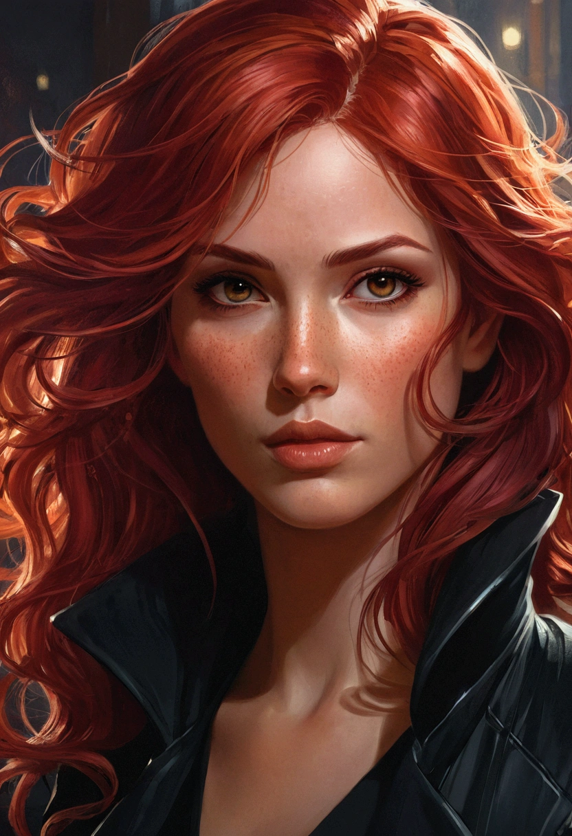 close-up of a woman with red hair and a black jacket, charlie bowater rich deep colors, charlie bowater character art, charlie bowater art style, neoartcore and charlie bowater, graphic artist magali villeneuve, inspired by Magali Villeneuve, artgerm and atey ghailan, magali villeneuve'