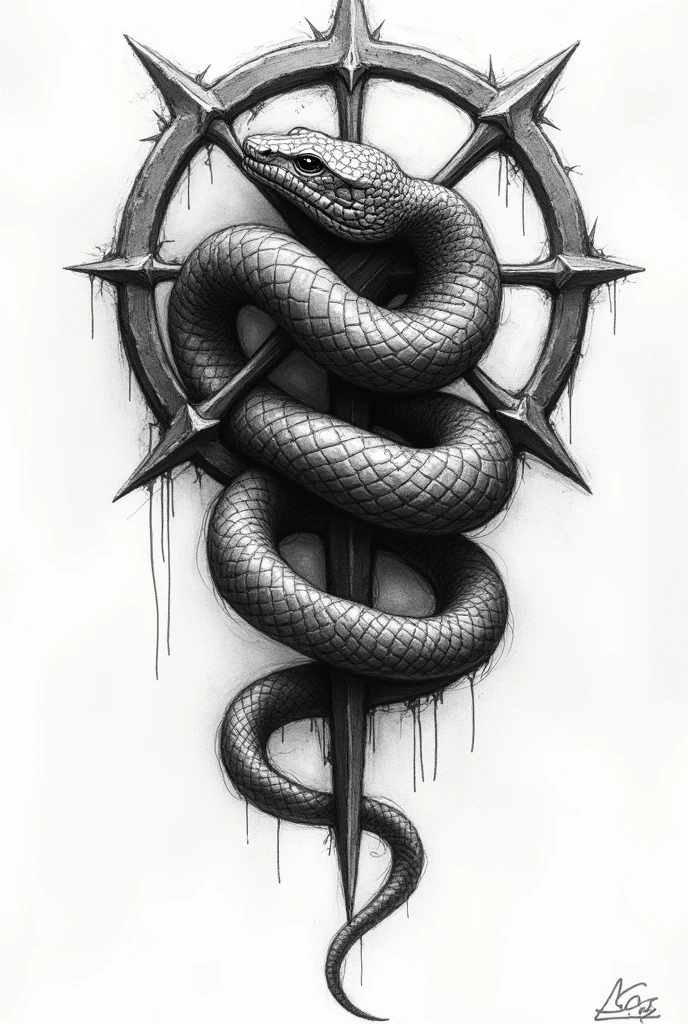 A snake tatto with te symbol of Chao's all in the sketch form, 2D, behind the Snake is the symbol of Chaos,the snake coils around the symbol