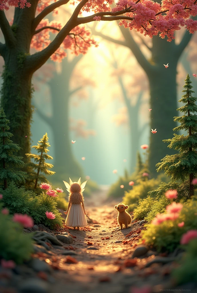 Fairytale like forest with green trees and pink flowers and brown mud. Image should be 3d and realistic