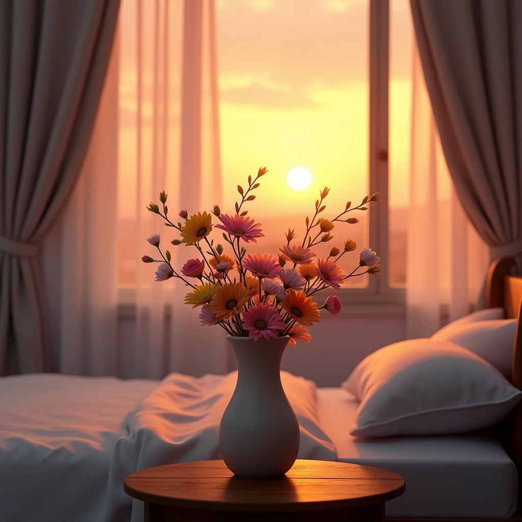 Flower Vase,table,bed,sunset,curtain,window