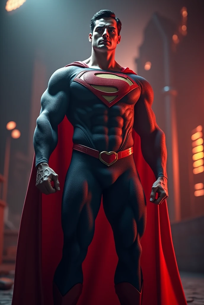 a handsome man in a superman costume,extremely detailed face and body,muscular physique,large penis bulge in tight pants,high quality 3d render,cinematic lighting,dramatic shadows,vibrant colors,photorealistic,award winning digital art