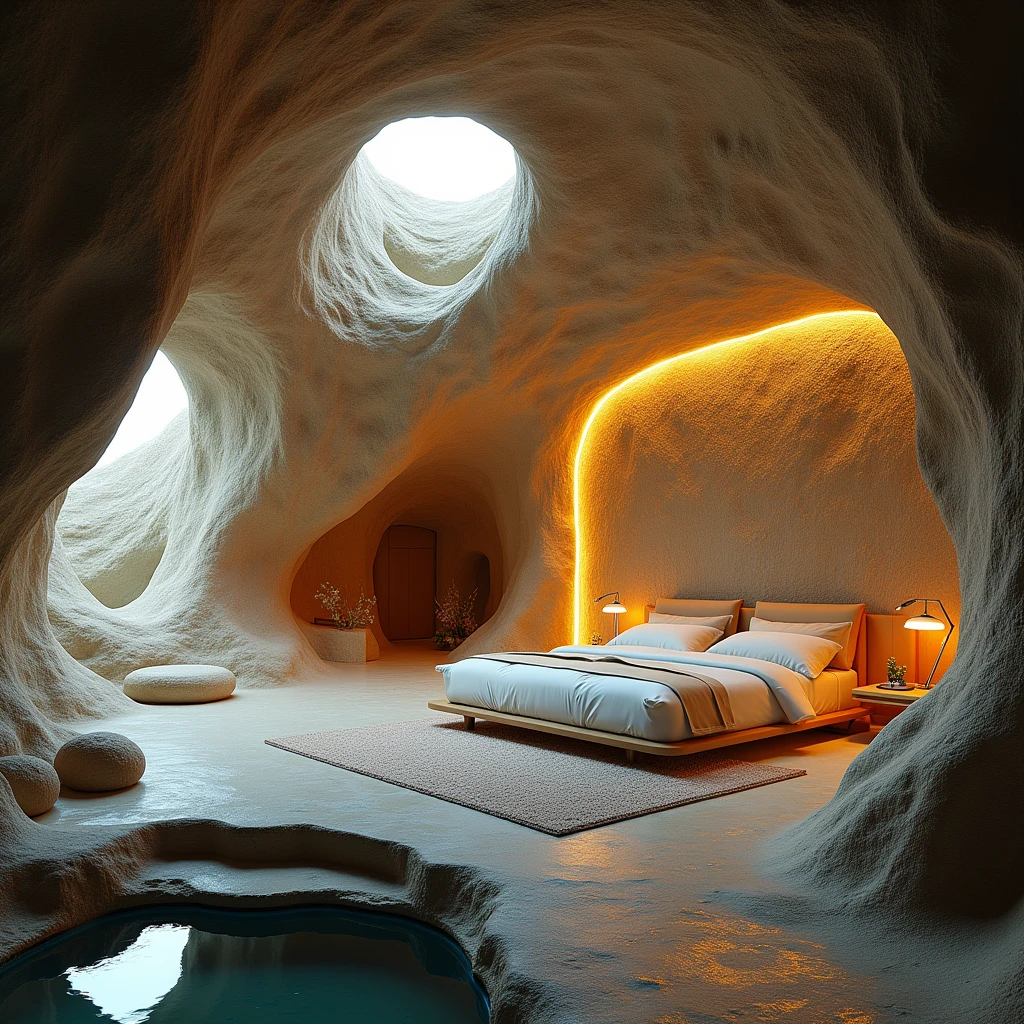 "A luxurious underground bedroom inside a cave, designed with a blend of natural stone elements and modern materials inspired by Zaha Hadid's architecture. The space features a natural modern elements that adds a fantasy-like atmosphere. The room is equipped with various leisure devices and is illuminated with ambient lighting. The design combines the raw beauty of the cave with the sleek, flowing lines and futuristic aesthetics typical of Zaha Hadid's work. The image is highly detailed, as if it were an artistic photograph, with all elements proportioned meticulously. The overall environment is cozy yet opulent, creating a surreal and immersive experience."