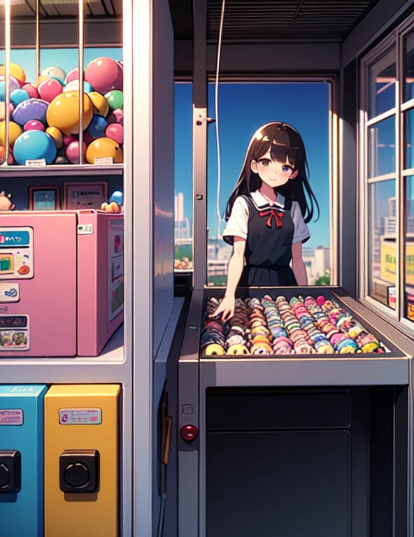 (((masterpiece))), (((Highest quality))), ((Claw Machine)), Place your hand on the bottom panel, Operate the long joystick、Press the button, Use the clamp to lift the toy, One person, Komi Shoko, shy, blush, school uniform, Claw Machine,  Rear View,