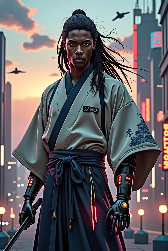 young black man, with long hair, wearing a kimono and a katana with a robotic arm, in a futuristic environment