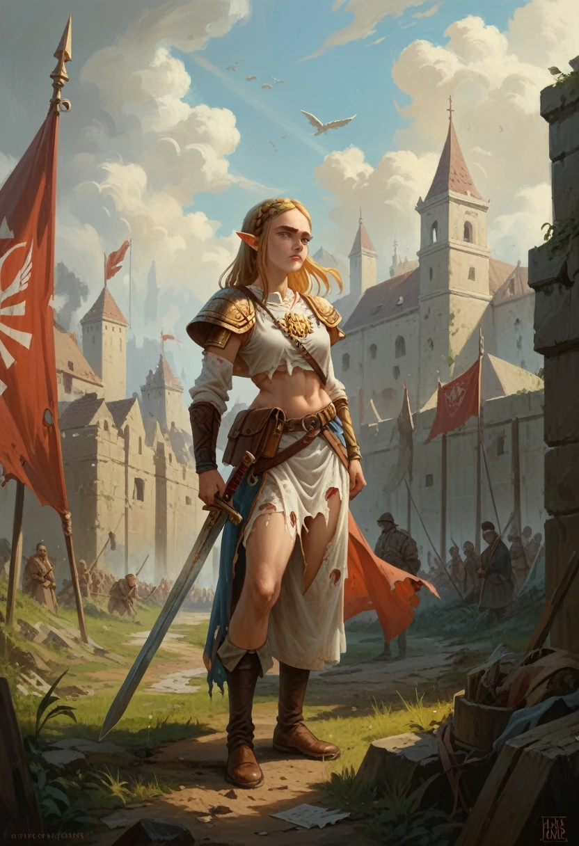 In a world ravaged by war, a battle-worn princess Zelda stands as a beacon of hope. Her torn and tattered clothing is a reminder of the sacrifices she has made, and her sword of light is a symbol of her unwavering courage