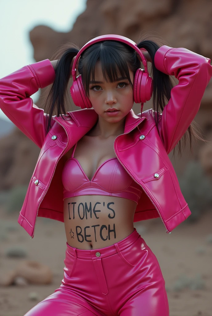 (foto cruDa, mejor caliDaD, masterpiece:1.2), (realist, photo-realist:1.4),(masterpiece:1.4),(mejor caliDaD:1.4),1 girl, Alone, :D, headphones, arms up, hits, blush, Bright pink suit, old, pose De conejito, escritura De ropa, Covered navel, tiro De vaquero, croppeD jacket, gloves, exterior,tomorrow,ingestas De cabello, headphones, impossible monkey, impossible clothes, jacket, large old, latex, latex boDysuit, by the wide, long sleeves, miranDo al espectaDor, large old, open mouth, mono pink, Ojos rosaDos, Red eyes, reD jacket, bright clothes, encogimiento De hombros \(CLOTHES\), cerraDuras laterales, piel apretaDa, smile, brecha Del muslo, thighs, Dos colas, very by the wide, white gloves, by white,Alicia \(Assent\),(shiny skin),realist, beautiful hands:1.3, inclinánDose hacia la cámara, fonDo oscuro Del Desierto inDustrial, bokeh, realist photo:1.2, photorealist renDer:1.2, photorealistic:1.2
