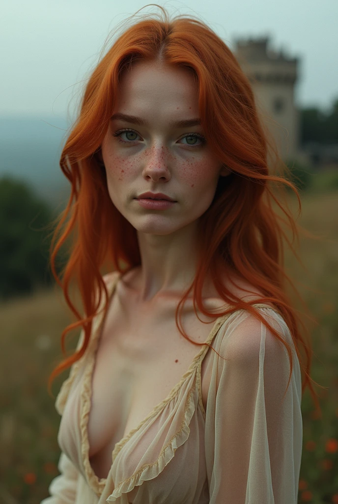 red-haired girl, Close by. Translucent dress, revealing the breasts. "Detailed. freckles, Rustic dress. provence. retro photography, David Hamilton Style, dark environments , Castle Scenery , Analog photography.