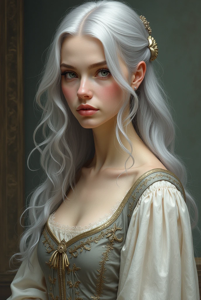 Make a realistic young woman with silver hair, with a medieval dress and a serious look.