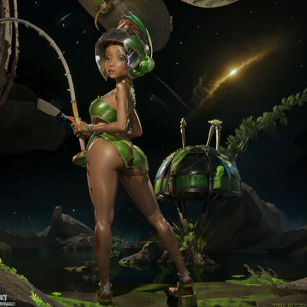 (Marvin the Martian) a cute woman, extremely detailed, extremely small martian invader outfit, fishing at an alien lush pond, holding a bucket full of slimy tentacles for bait, extremely detailed eyes, beautiful detailed lips, longeyelashes, beautiful detailed face, 1girl, digital art, concept art, oil painting, 8k, high quality, masterpiece, photorealistic, ultra-detailed, physically-based rendering, vivid colors, studio lighting, sci-fi, alien landscape, fantasy (camera angle is low looking up at butt, focus on butt)
