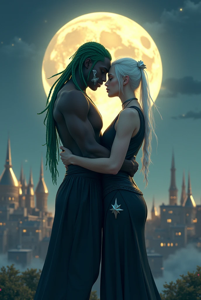 A moon centered over a kingdom with two men kissing in the background, one man is black with vitiligo marks on his face and has braided green hair and the other man has white hair with a black outfit that shows his hips and is sleeveless and has a star design on his hip 