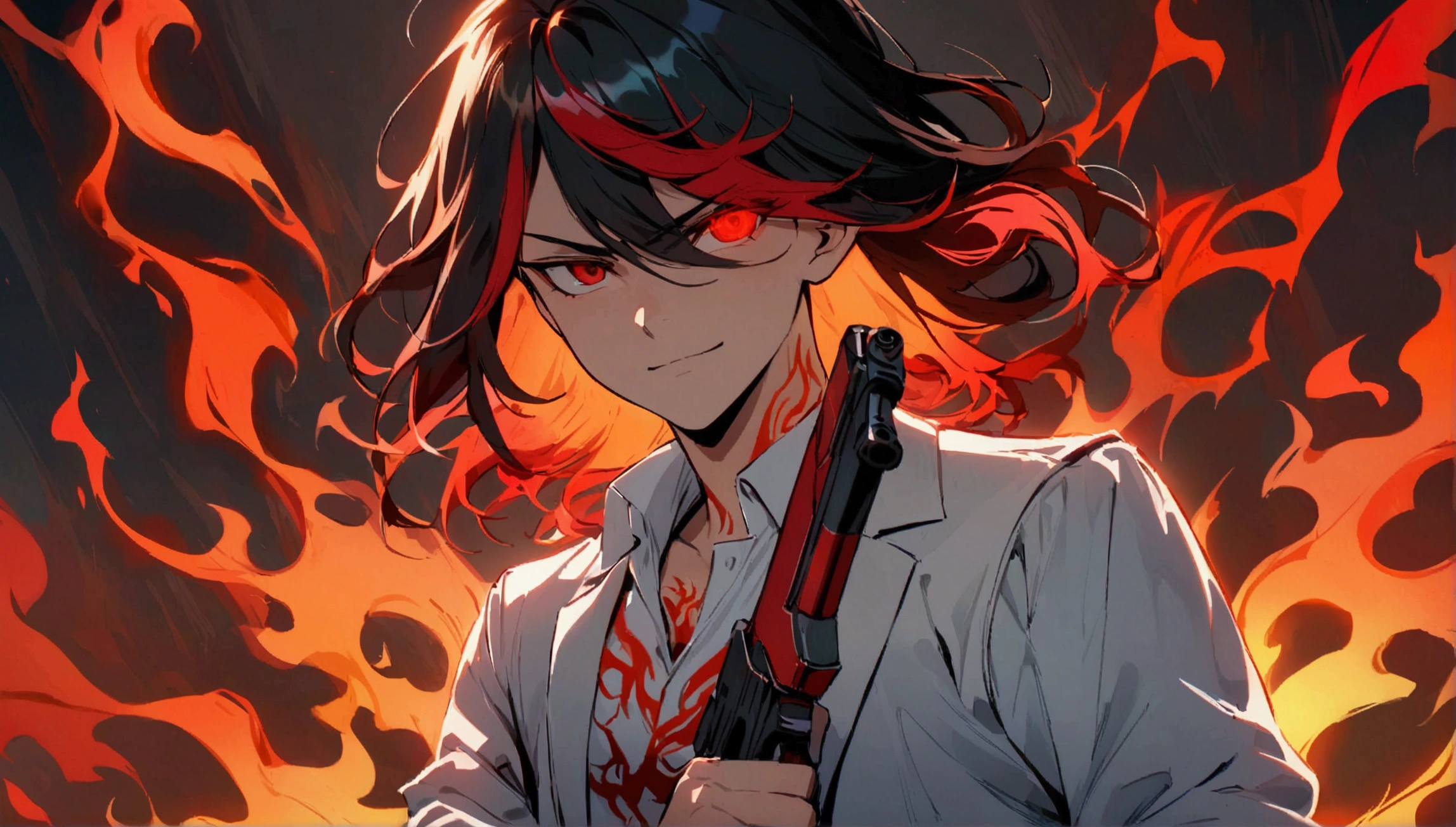 teenage boy, tidy hair, medium length hair, multicolored black and red hair, long bangs covering the left eye, Eyes red, serious face, simple smile, white shirt, school blue jacket, red tattoos on the body, fiery aura, holding two red pistols