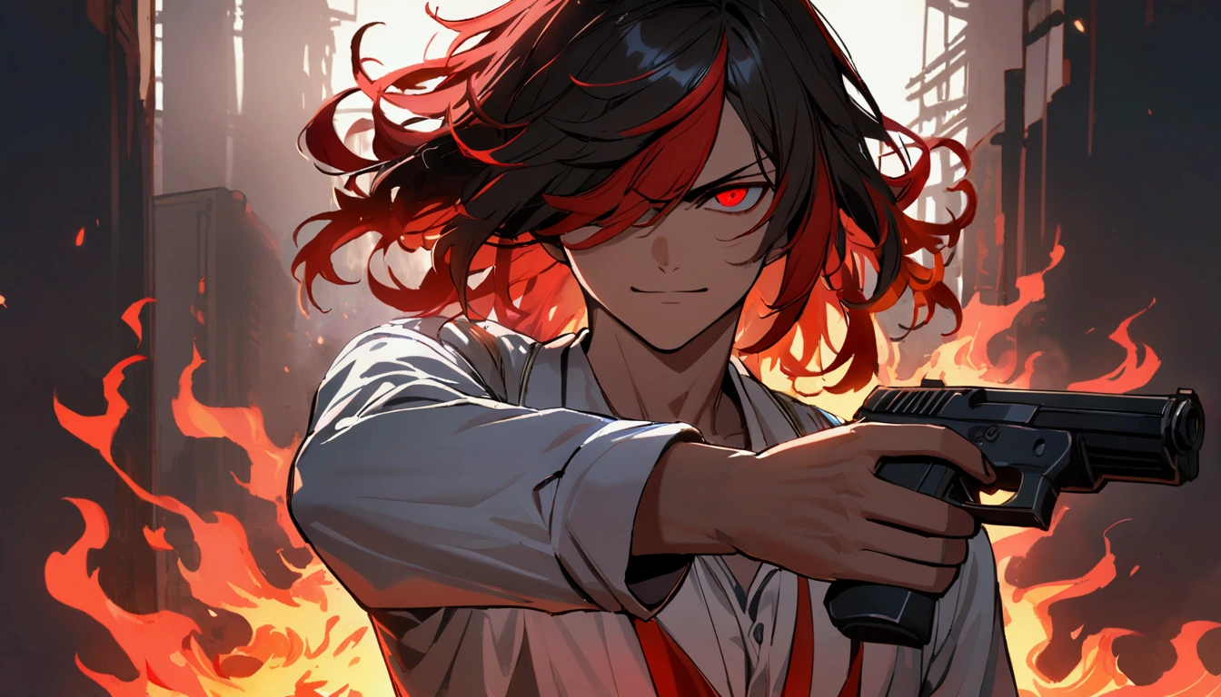 age boy, tidy hair, medium length hair, multicolored black and red hair, long bangs covering the left eye, Eyes red, serious face, simple smile, white shirt, school blue jacket, red tattoos on the body, fiery aura, holding two red pistols